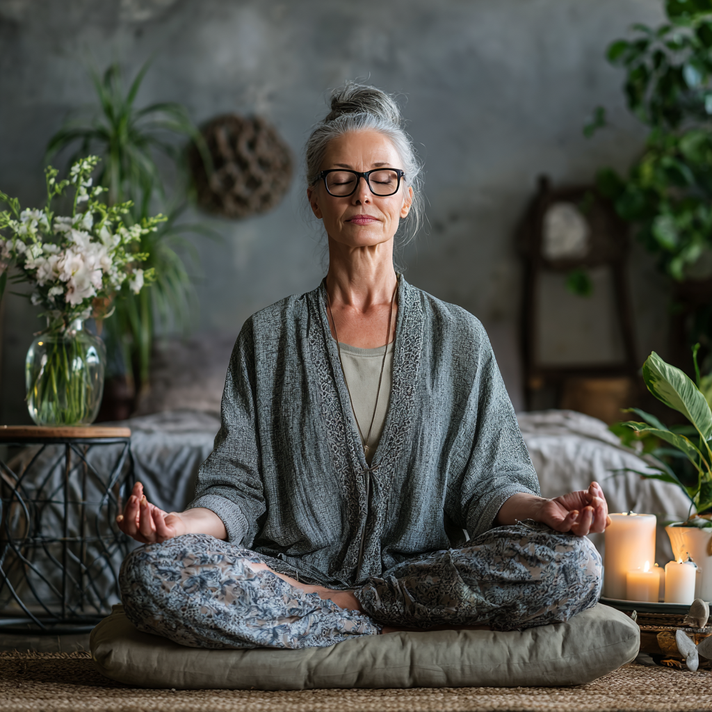 51 years old woman in peaceful meditation posture surrounded by calming elements