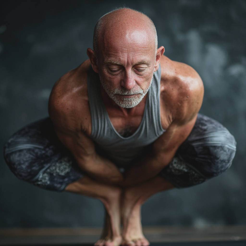 52 years old man demonstrating advanced yoga balance with serene concentration