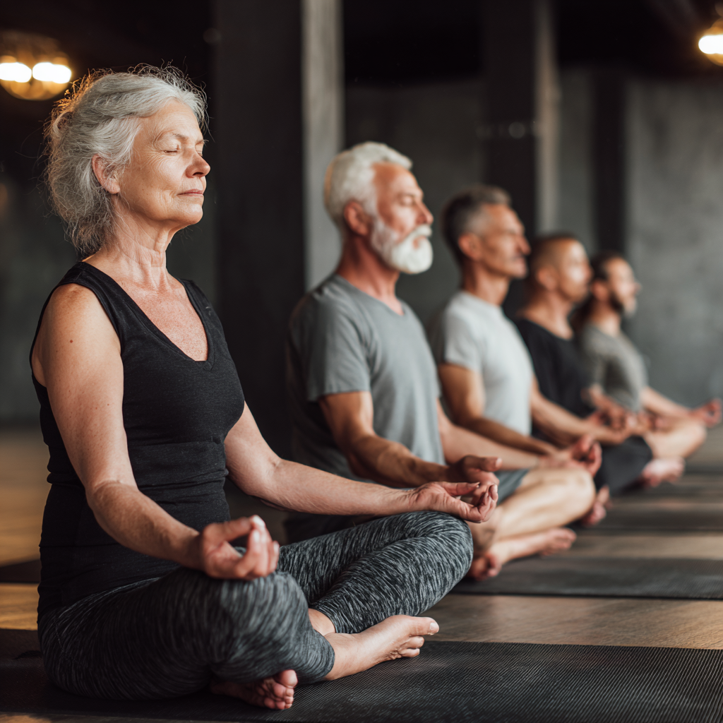 53 years old group of adults practicing yoga together in modern wellness studio